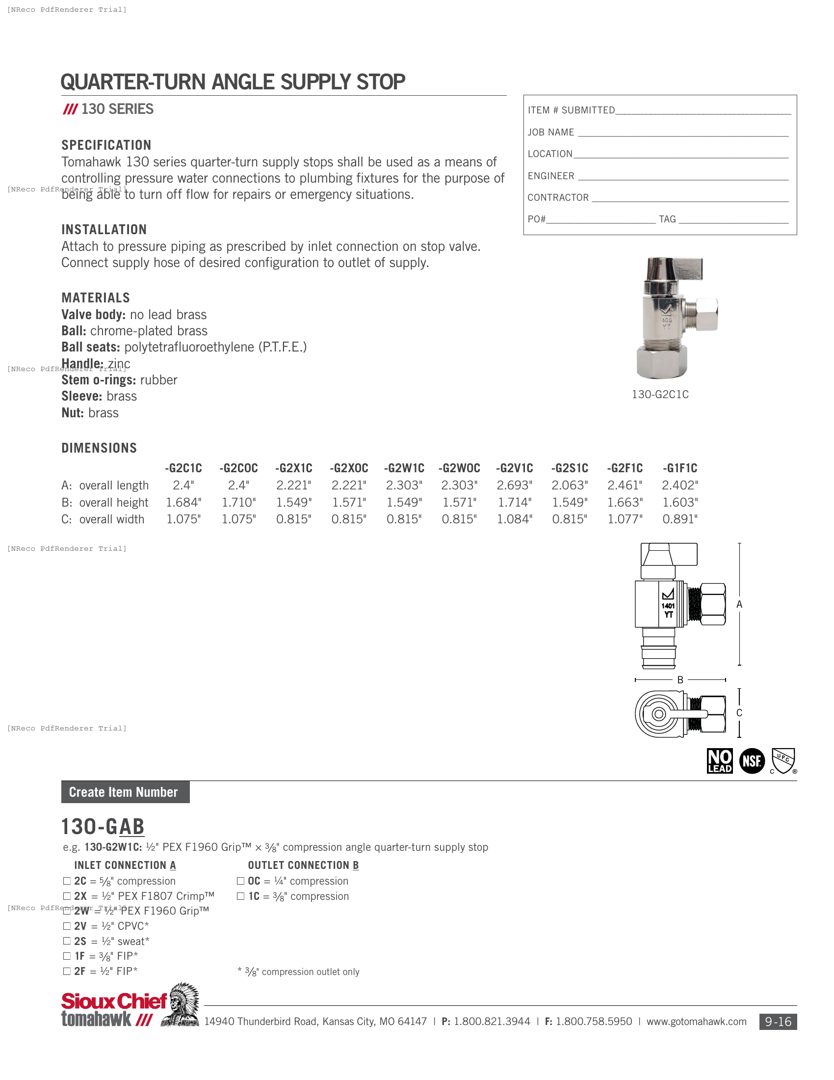 130 SERIES - QUARTER-TURN ANGLE SUPPLY STOP - SPEC SHEET.PDF Specification Document